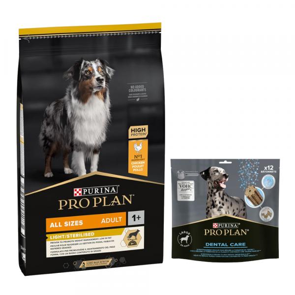 PURINA PRO PLAN: karma sucha + Dental Care dla dużych psów, 426 g (12 sztuk) gratis! - All Sizes Adult Light/Sterilised, kurczak i ryż, 7 kg