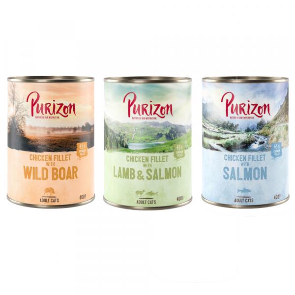 Purizon Adult 12 x 400 g, bez zbóż - Pakiet mieszany (4 x dzik, 4 x łosoś, 4 x jagnięcina)