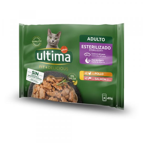 86 + 10 gratis! Ultima, karma mokra, 96 x 85 g - Cat Sterilized, kurczak i łosoś