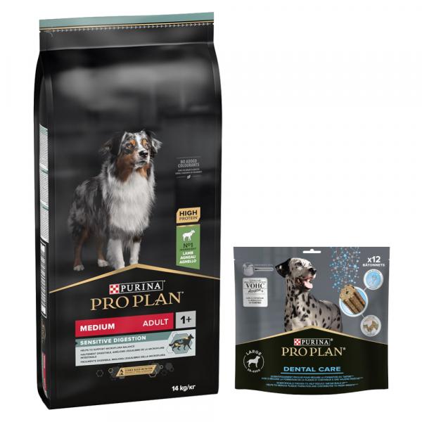 PURINA PRO PLAN: karma sucha + Dental Care dla dużych psów, 426 g (12 sztuk) gratis! - Medium Adult Sensitive Digestion, jagnięcina i ryż, 14 kg