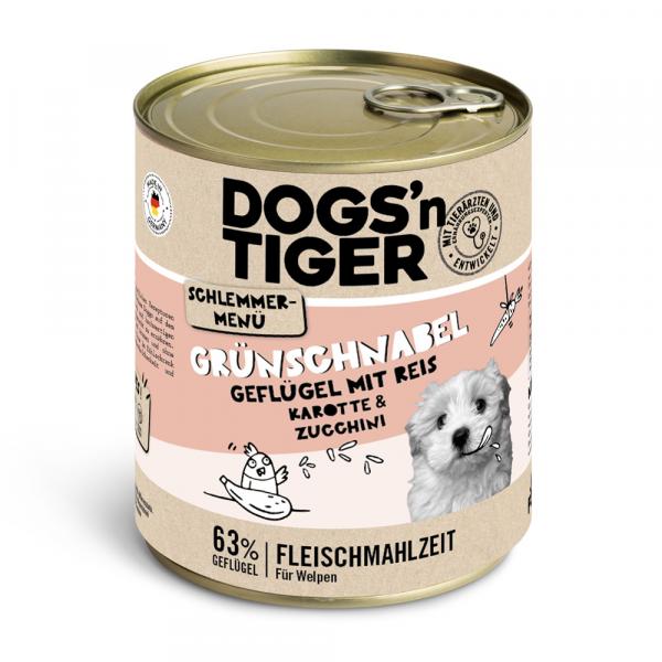 Dogs'n Tiger smakowite menu, 6 x 800 g - Drób z ryżem naturalnym, marchewką i cukinią (Junior)