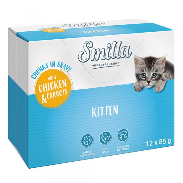 Smilla Kitten w saszetkach, kawałeczki w sosie z warzywami - Kurczak z marchewką, 24 x 85 g