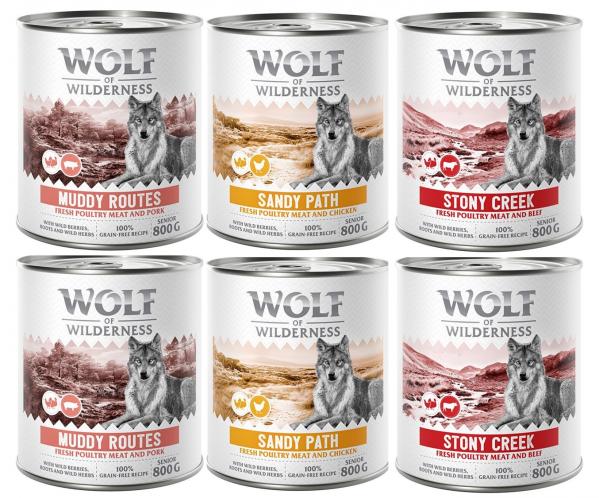 Pakiet mieszany Wolf of Wilderness SENIOR - 6 x 800 g: 2x drób z wołowiną, 2x drób z wieprzowiną, 2x drób z kurczakiem