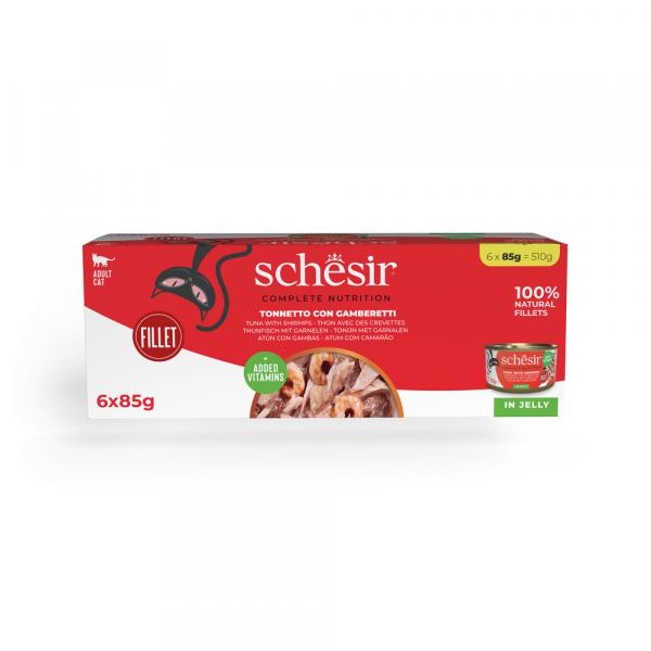 Schesir Complete Nutrition, filet w galarecie, 6 x 85 g - Tuńczyk z krewetkami