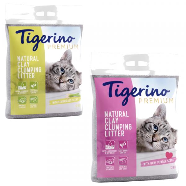 Pakiet mieszany Tigerino Premium, 2 x 12 kg - Zapach pudru dziecięcego + zapach trawy cytrynowej