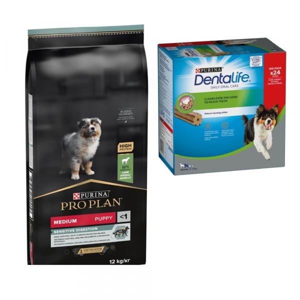 Purina Pro Plan, karma sucha dla psa + przysmak do gryzienia Purina Dentalife gratis! - Medium Puppy Sensitive Digestion, jagnięcina i ryż, 12 kg + Dentalife dla średnich psów, 24 sztuki (8 x 69 g)