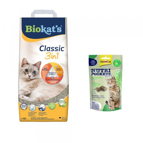 10 l / 14 l Żwirek dla kota Biokat's 3in1 + GimCat Nutri Pockets Insekty i kocimiętka, 60 g gratis! - Classic 3in1 bezzapachowy, 10 l