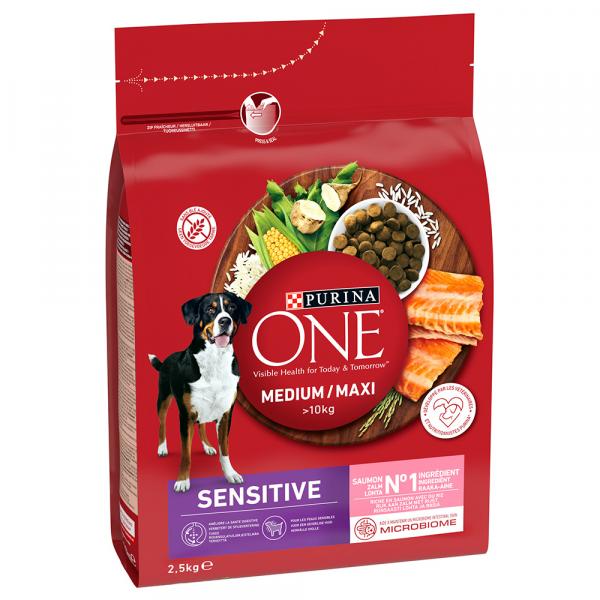 PURINA ONE Medium/Maxi Sensitive, łosoś - 2 x 2,5 kg