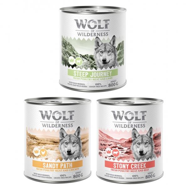 Wolf of Wilderness Adult “Expedition”, 6 x 800 g - Pakiet mieszany: Stony Creek, Sandy Path, Steep Journey