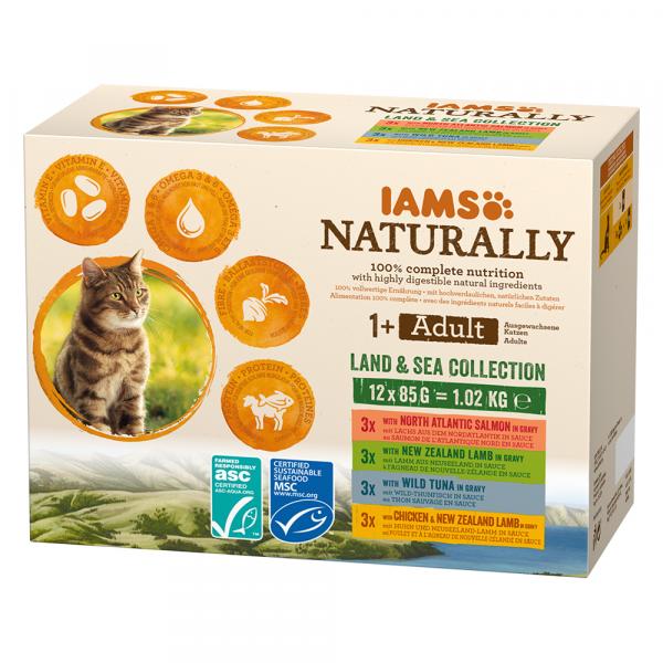 36 + 12 gratis! IAMS Naturally Land & Sea Collection, 48 x 85 g - Adult Cat
