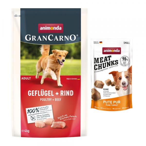 Animonda GranCarno, sucha karma dla psa + Meat Chunks Small, Indyk, 60 g gratis! - Adult drób + wołowina, 4 kg