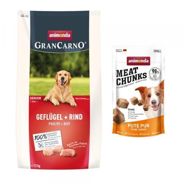 Animonda GranCarno, sucha karma dla psa + Meat Chunks Small, Indyk, 60 g gratis! - Senior, drób i wołowina, 12 kg