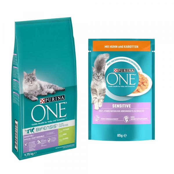 Purina ONE: 9,75 kg karma sucha + karma mokra, 13 x 85 g gratis! - Sensitive + Sensitive, kurczak z marchwią