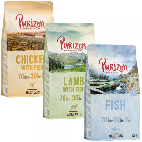 Mieszany pakiet próbny Purizon Adult dla kota, 3 x 400 g - Kurczak i ryba, ryba, jagnięcina i ryba