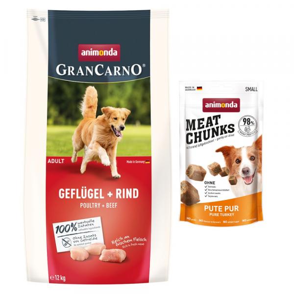 Animonda GranCarno, sucha karma dla psa + Meat Chunks Small, Indyk, 60 g gratis! - Adult drób + wołowina, 12 kg