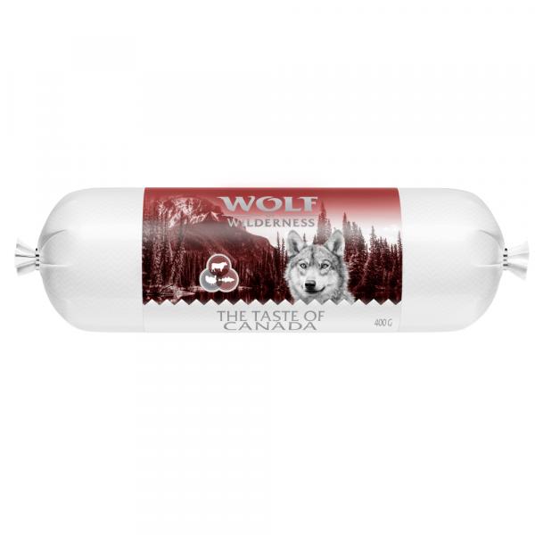 Pakiet próbny Wolf of Wilderness, kiełbaski, 6 x 400 g - The Taste Of Canada – wołowina, indyk, dorsz