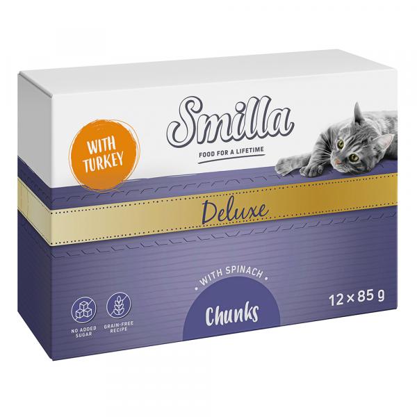 Smilla Deluxe kawałeczki w sosie, 12 x 85 g - Z indykiem i szpinakiem