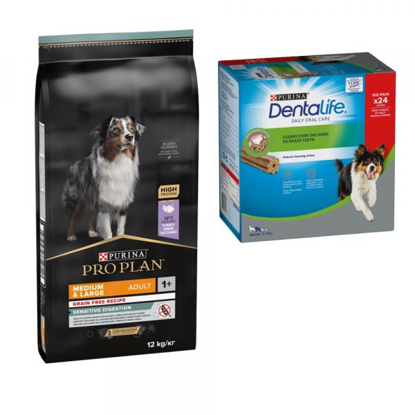 Duże opakowanie PURINA PRO PLAN + przysmak PURINA Dentalife gratis! - Medium & Large Adult Sensitive Digestion, bez zbóż, 12 kg + Dentalife dla średnich psów, 24 sztuki