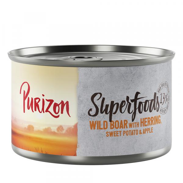 Korzystny pakiet Purizon Superfoods, 24 x 140 g - Dzik ze śledziem, słodkim ziemniakiem i jabłkiem