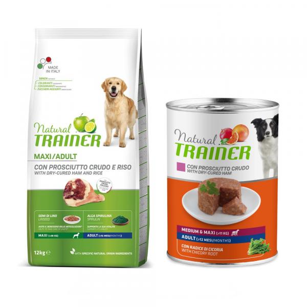 Natural Trainer: karma sucha dla psa, 12 kg + karma mokra dla psa, 400 g gratis! - Adult Maxi Prosciutto + Medium & Maxi Adult, szynka