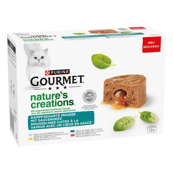 10 + 2 gratis! Gourmet Nature's Creation, 12 x 85 g - Gravy Heart, Ryba morska, kurczak, dorsz i wołowina