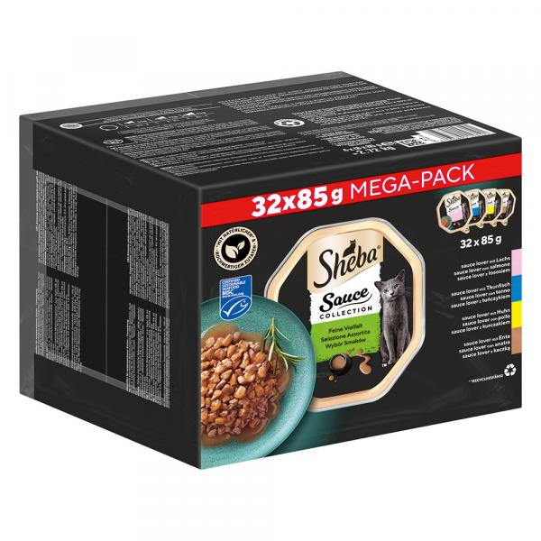 Megapakiet Sheba tacki, 32 x 85 g - Sauce Lover (Łosoś, tuńczyk, kurczak i kaczka)