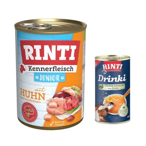 RINTI: 6 x 400 g karma mokra + Drinki, kaczka, 185 ml gratis! - Junior, kurczak