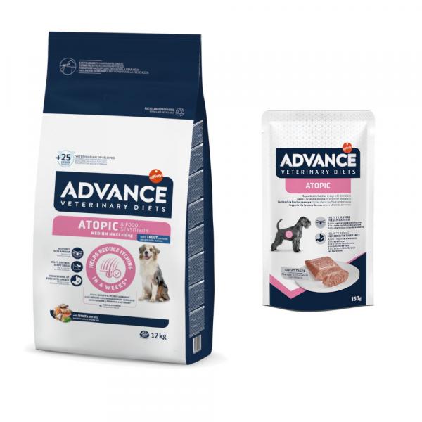 Advance Veterinary Diets: 10 kg / 12 kg karma sucha + karma mokra, 8 x 150 g gratis! - Atopic, pstrąg, 12 kg + Atopic