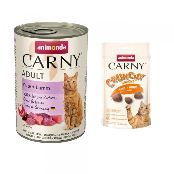 Animonda Carny Adult: karma mokra dla kota, 6 x 400 g + Crunchy, wołowina z kurczakiem, 50 g gratis! - Indyk z jagnięciną