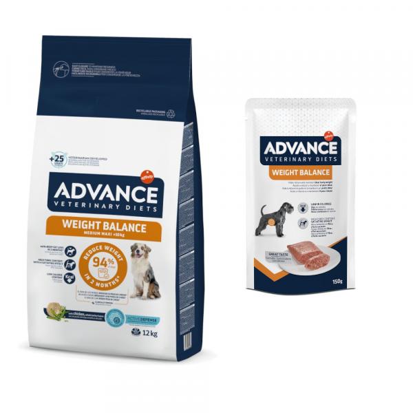 Advance Veterinary Diets: 10 kg / 12 kg karma sucha + karma mokra, 8 x 150 g gratis! - Weight Balance Medium/Maxi, 12 kg + Weight Balance