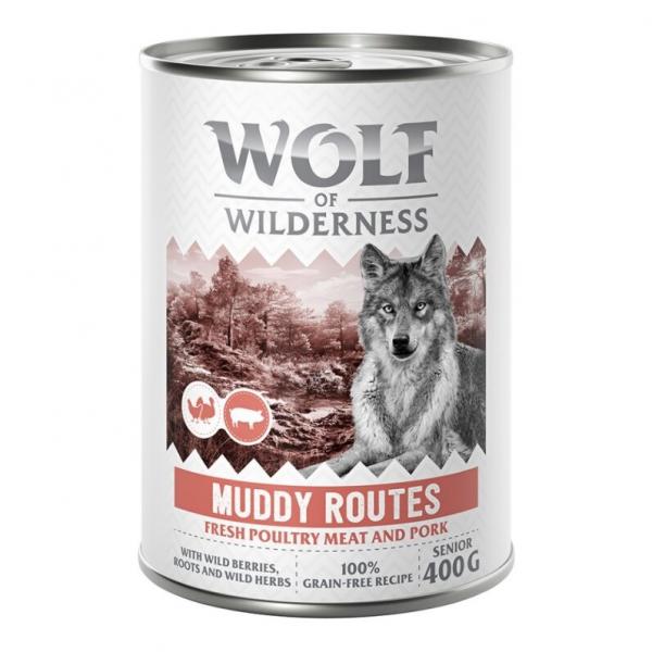 10 + 2 gratis! Wolf of Wilderness, karma mokra dla psa, 12 x 400 g - Senior “Expedition”, Muddy Routes - Drób z wieprzowiną