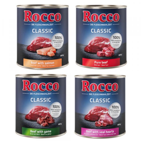10% taniej! Rocco, karma mokra dla psa, 24 x 800 g - Mieszany pakiet Classic 3: wołowina i łosoś (6 x 800 g), czysta wołowina (6 x 800 g), wołowina i serca cielęce (6 x 800 g), wołowina i dziczyzna (6 x 800 g)