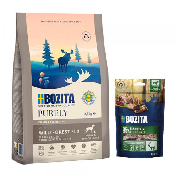 Bozita: Dog Purely Grain Free, karma sucha dla psa, 2,5 kg + Meaty Bites, przysmak, 70 g gratis! - Puppy & Junior Large, łoś, 2,5 kg + Kaczka i łoś, 70 g