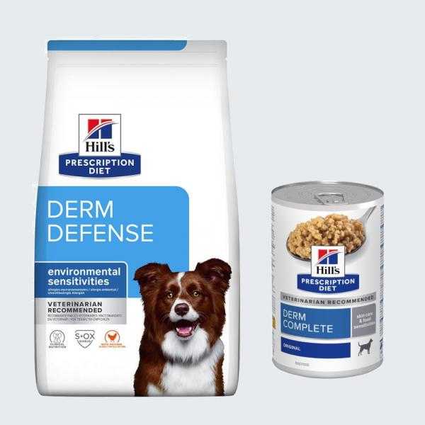 Hill's Prescription Diet: karma sucha, 12 kg + karma mokra Derm Complete, 3 x 370 g gratis! - Derm Defense, kurczak