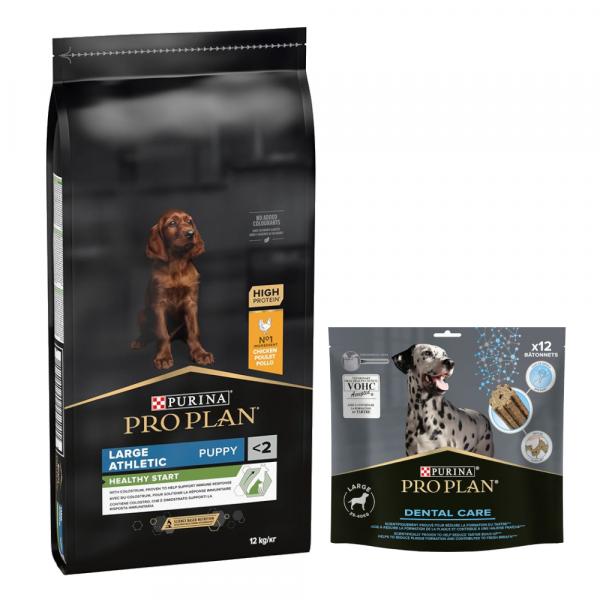 PURINA PRO PLAN: karma sucha + Dental Care dla dużych psów, 426 g (12 sztuk) gratis! - Large Athletic Puppy Healthy Start, kurczak i ryż, 12 kg