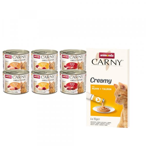 Animonda Carny: mokra karma, różne rodzaje + Adult Creamy, z kurczakiem i tauryną, 6 x 15 g gratis! - Pakiet próbny Single Protein Adult, 6 x 200 g