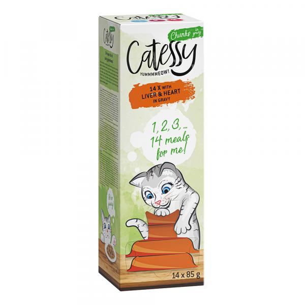 Catessy kawałeczki w sosie, tacki, 14 x 85 g - Z wątróbką i sercami