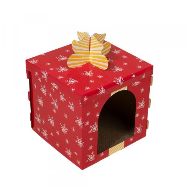 TIAKI świąteczny domek dla kota, czerwone pudełko prezentowe - Dł. 37,5 x szer. 37,5 x wys. 50 cm
