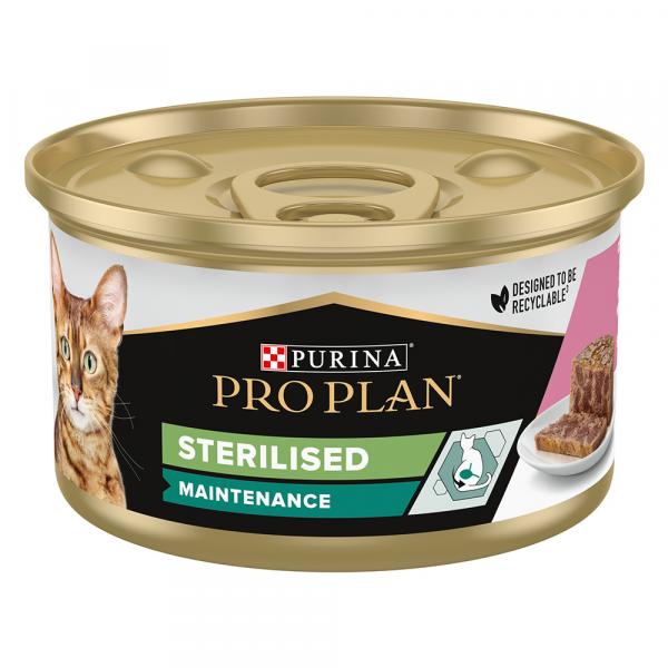 Megapakiet PURINA PRO PLAN, puszki, 48 x 85 g - Sterilised, tuńczyk i łosoś