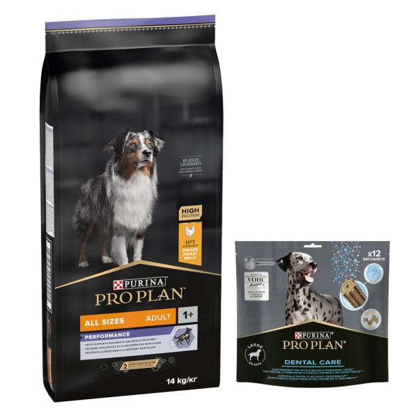 PURINA PRO PLAN: karma sucha + Dental Care dla dużych psów, 426 g (12 sztuk) gratis! - All Size Adult Performance, kurczak i ryż, 14 kg