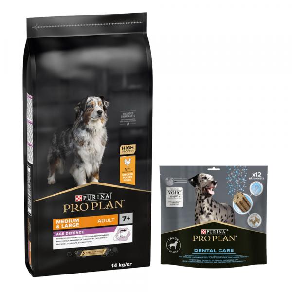 PURINA PRO PLAN: karma sucha + Dental Care dla dużych psów, 426 g (12 sztuk) gratis! - Medium & Large Adult 7+ Age Defence, kurczak i ryż, 14 kg