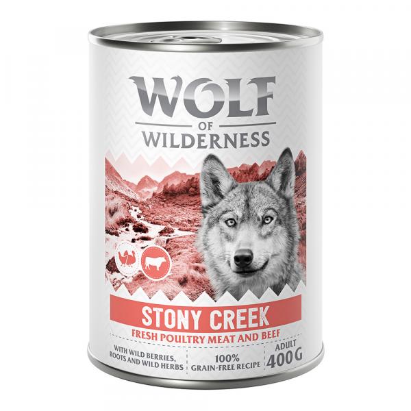 10 + 2 gratis! Wolf of Wilderness, karma mokra dla psa, 12 x 400 g - Adult “Expedition”, Stony Creek - Drób z wołowiną