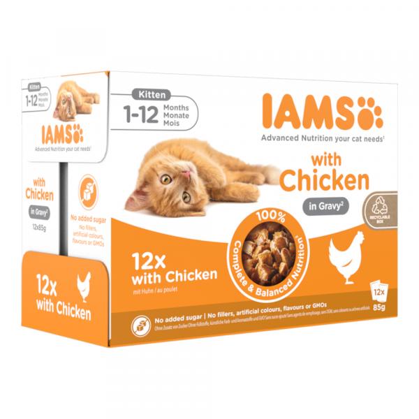 36 + 12 gratis! IAMS Advanced Nutrition, karma mokra dla kota, 48 x 85 g - Kitten, kurczak w sosie