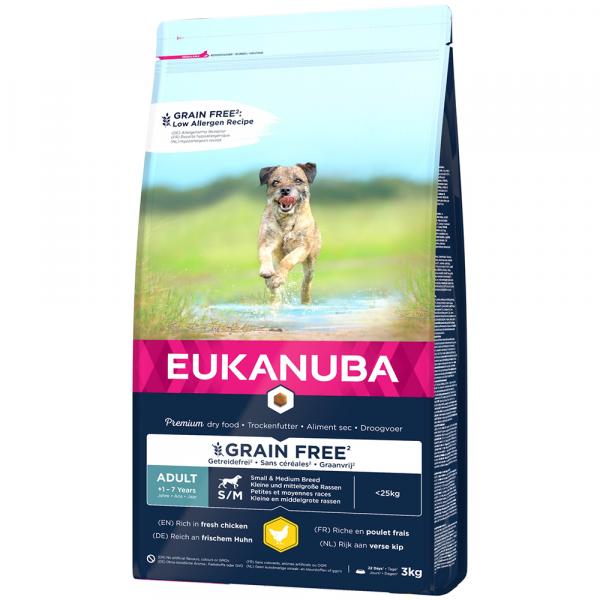 Eukanuba Grain Free Adult Small / Medium Breed, kurczak - 2 x 3 kg