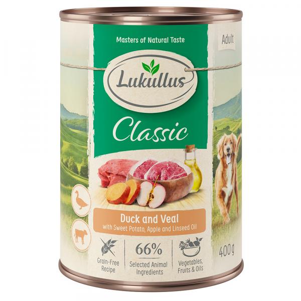 10 + 2 gratis! Lukullus, karma mokra dla psa, 12 x 400 g - Naturkost Adult, kaczka i cielęcina (bez zbóż)
