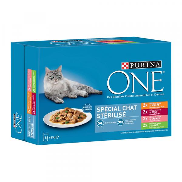 PURINA ONE Batch 8 x 85 g dla kotów - sterylizowany kot - kurczak, wołowina, łosoś, indyk