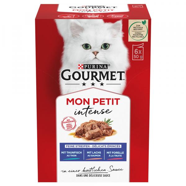 Gourmet Mon Petit, w sosie, 12 x 50 g - Tuńczyk, łosoś, pstrąg