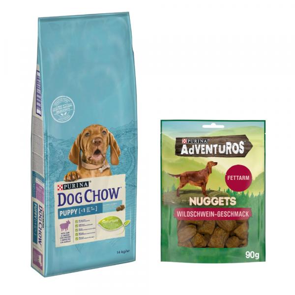 Purina: Dog Chow, karma sucha dla psa, 14 kg + Adventuros Nuggets, przysmak, 90 g gratis! - Puppy, jagnięcina