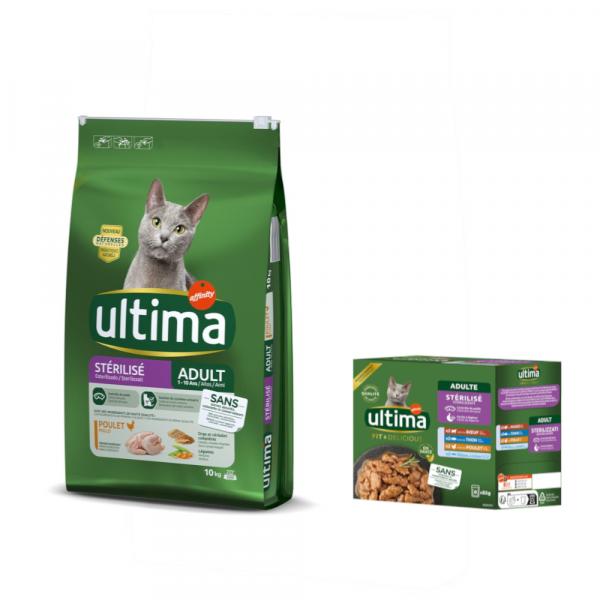 Ultima, karma sucha dla kota, 10 kg + Ultima Sterilized, karma mokra, 8 x 85 g gratis! - Sterilized, kurczak i jęczmień