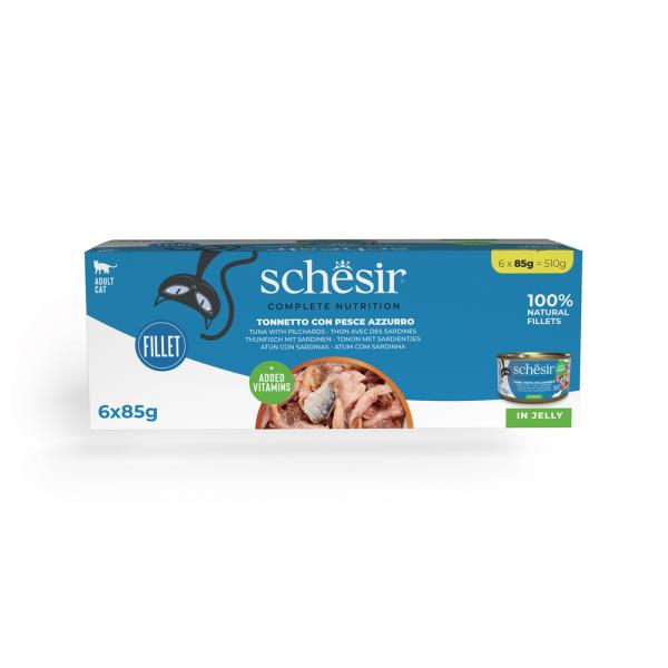 Schesir Complete Nutrition, filet w galarecie, 6 x 85 g - Tuńczyk z sardynkami